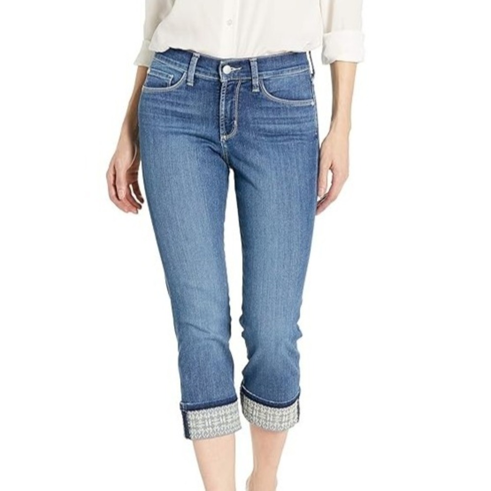 NYDJ Womens Jeans Dayla Wide Cuff Capri Blue Denim Medium Wash Mid Rise 10 - Picture 1 of 13